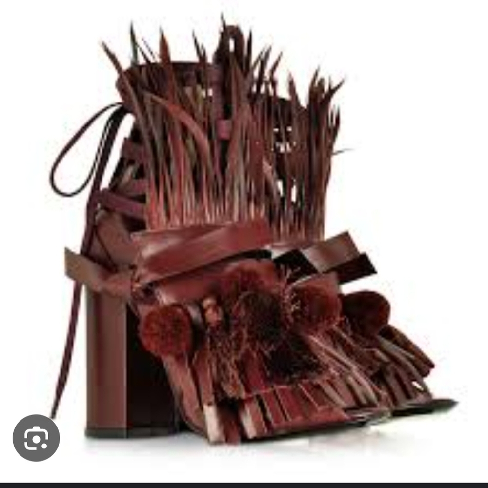 No. 21 Wine-colored Heeled Sandal with finge and tassel detail.